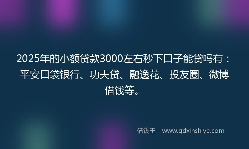 2025年的小额贷款3000左右秒下口子能贷吗有：平安口袋银行、功夫贷、融逸花、投友圈、微博借钱等。