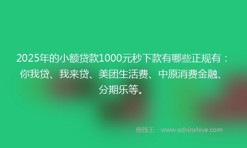 2025年的小额贷款1000元秒下款有哪些正规有：你我贷、我来贷、美团生活费、中原消费金融、分期乐等。