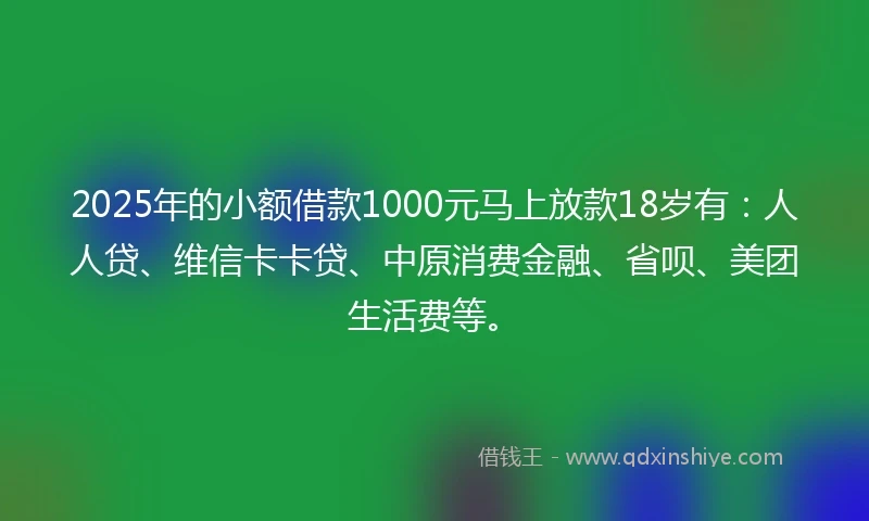 2025年的小额借款1000元马上放款18岁有：人人贷、维信卡卡贷、中原消费金融、省呗、美团生活费等。