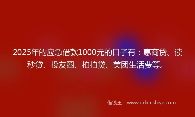 2025年的应急借款1000元的口子有：惠商贷、读秒贷、投友圈、拍拍贷、美团生活费等。