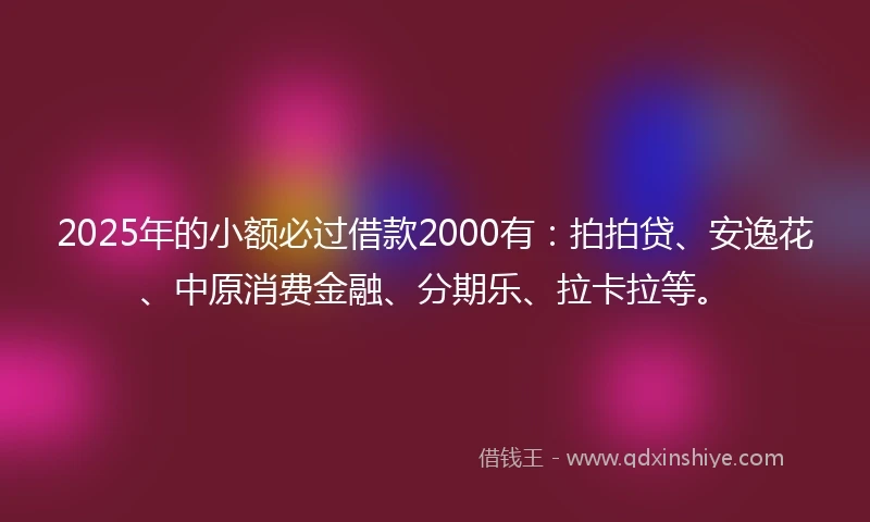 2025年的小额必过借款2000有：拍拍贷、安逸花、中原消费金融、分期乐、拉卡拉等。