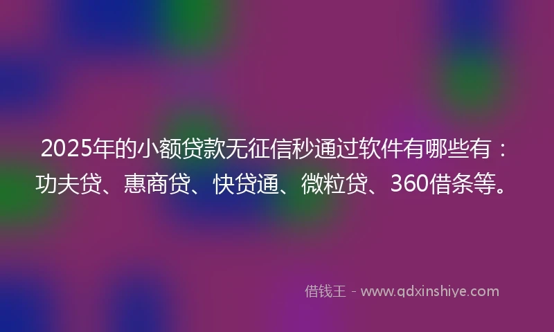 2025年的小额贷款无征信秒通过软件有哪些有：功夫贷、惠商贷、快贷通、微粒贷、360借条等。