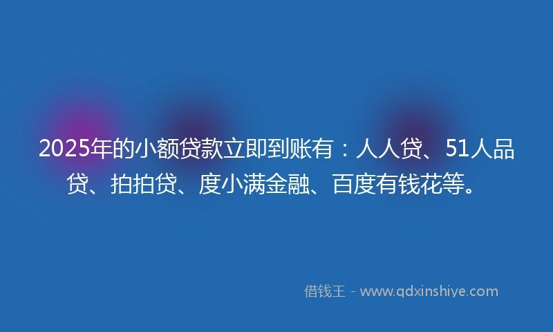 2025年的小额贷款立即到账有：人人贷、51人品贷、拍拍贷、度小满金融、百度有钱花等。