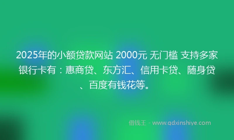 2025年的小额贷款网站 2000元 无门槛 支持多家银行卡有：惠商贷、东方汇、信用卡贷、随身贷、百度有钱花等。