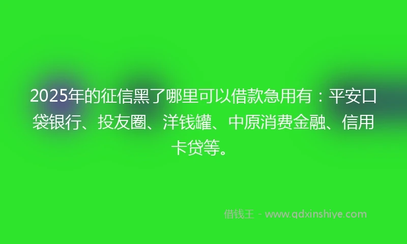 2025年的征信黑了哪里可以借款急用有：平安口袋银行、投友圈、洋钱罐、中原消费金融、信用卡贷等。