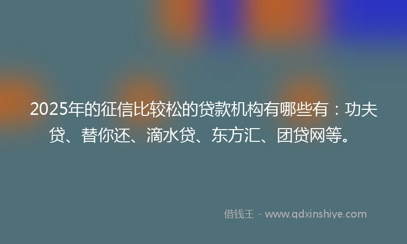 2025年的征信比较松的贷款机构有哪些有：功夫贷、替你还、滴水贷、东方汇、团贷网等。