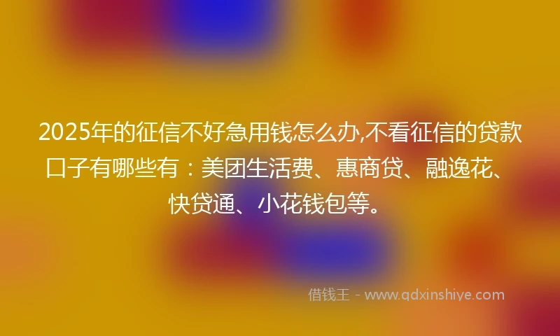 2025年的征信不好急用钱怎么办,不看征信的贷款口子有哪些有：美团生活费、惠商贷、融逸花、快贷通、小花钱包等。