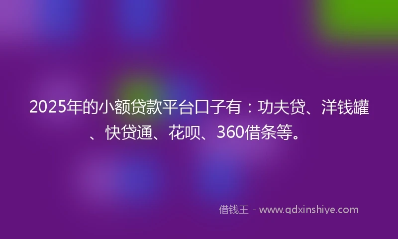 2025年的小额贷款平台口子有：功夫贷、洋钱罐、快贷通、花呗、360借条等。
