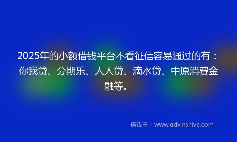 2025年的小额借钱平台不看征信容易通过的有：你我贷、分期乐、人人贷、滴水贷、中原消费金融等。