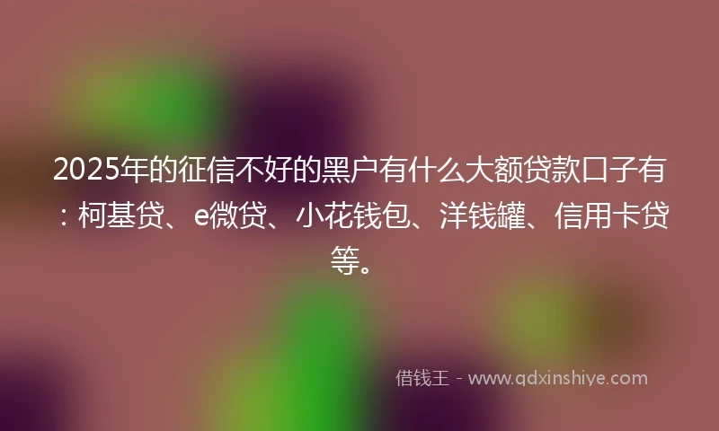 2025年的征信不好的黑户有什么大额贷款口子有：柯基贷、e微贷、小花钱包、洋钱罐、信用卡贷等。