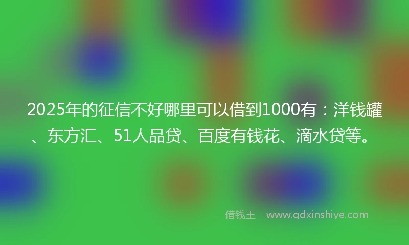 2025年的征信不好哪里可以借到1000有：洋钱罐、东方汇、51人品贷、百度有钱花、滴水贷等。