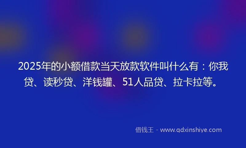 2025年的小额借款当天放款软件叫什么有：你我贷、读秒贷、洋钱罐、51人品贷、拉卡拉等。