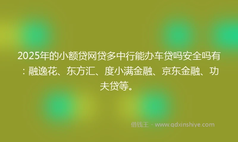 2025年的小额贷网贷多中行能办车贷吗安全吗有：融逸花、东方汇、度小满金融、京东金融、功夫贷等。