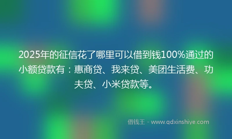 2025年的征信花了哪里可以借到钱100%通过的小额贷款有：惠商贷、我来贷、美团生活费、功夫贷、小米贷款等。