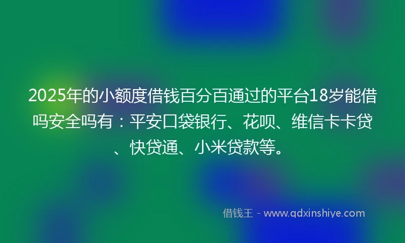 2025年的小额度借钱百分百通过的平台18岁能借吗安全吗有：平安口袋银行、花呗、维信卡卡贷、快贷通、小米贷款等。