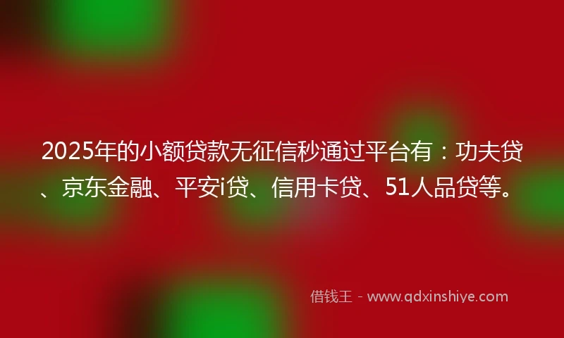 2025年的小额贷款无征信秒通过平台有：功夫贷、京东金融、平安i贷、信用卡贷、51人品贷等。