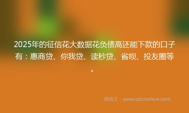 2025年的征信花大数据花负债高还能下款的口子有：惠商贷、你我贷、读秒贷、省呗、投友圈等。