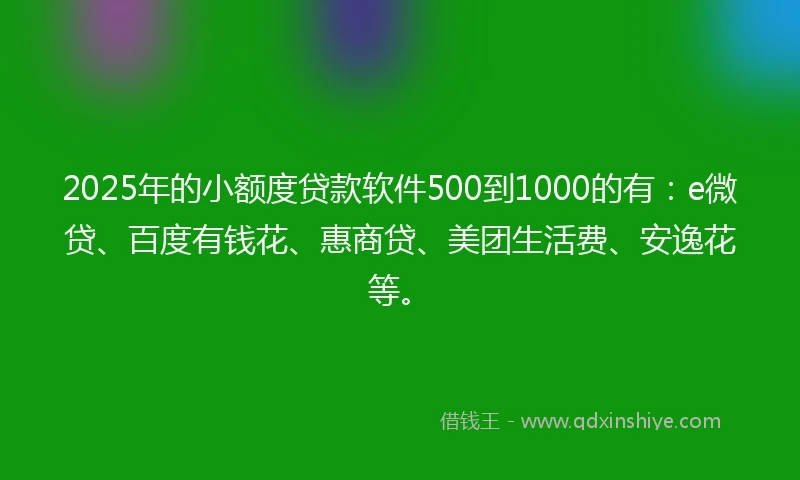 2025年的小额度贷款软件500到1000的有：e微贷、百度有钱花、惠商贷、美团生活费、安逸花等。
