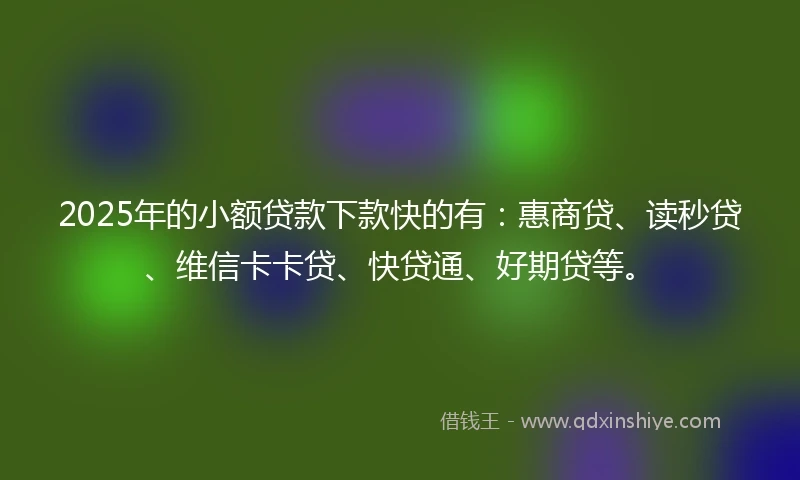 2025年的小额贷款下款快的有：惠商贷、读秒贷、维信卡卡贷、快贷通、好期贷等。