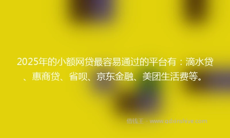 2025年的小额网贷最容易通过的平台有：滴水贷、惠商贷、省呗、京东金融、美团生活费等。