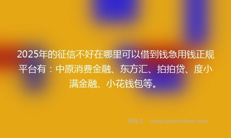2025年的征信不好在哪里可以借到钱急用钱正规平台有：中原消费金融、东方汇、拍拍贷、度小满金融、小花钱包等。