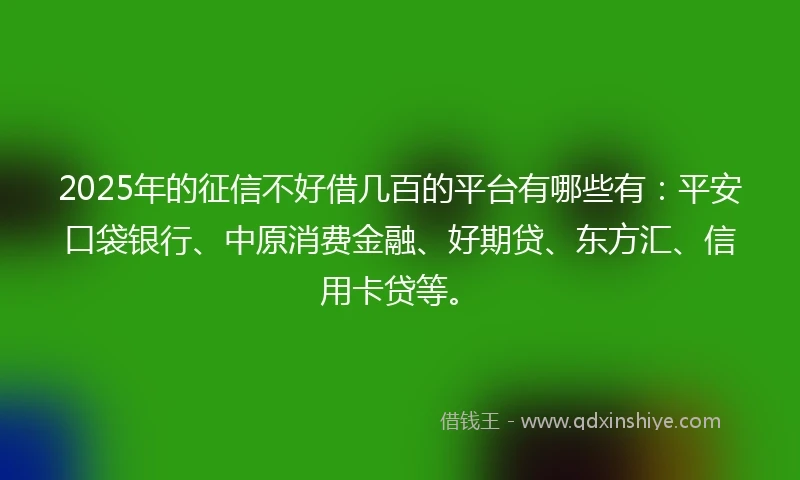 2025年的征信不好借几百的平台有哪些有:平安口袋银行、中原消费金融、好期贷、东方汇、信用卡贷等。