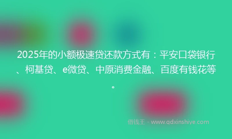 2025年的小额极速贷还款方式有：平安口袋银行、柯基贷、e微贷、中原消费金融、百度有钱花等。
