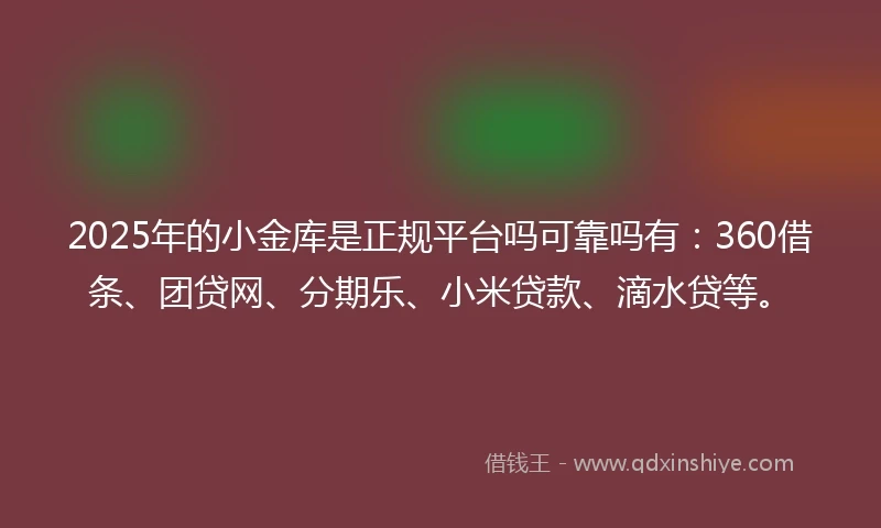 2025年的小金库是正规平台吗可靠吗有：360借条、团贷网、分期乐、小米贷款、滴水贷等。