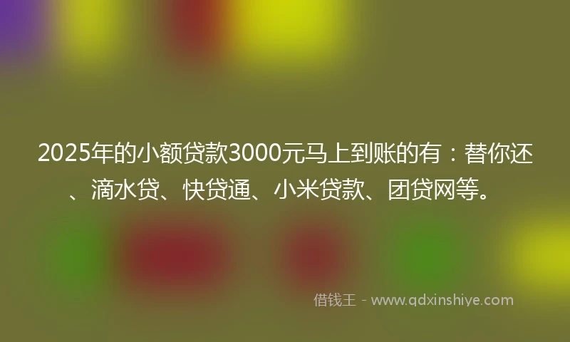 2025年的小额贷款3000元马上到账的有：替你还、滴水贷、快贷通、小米贷款、团贷网等。