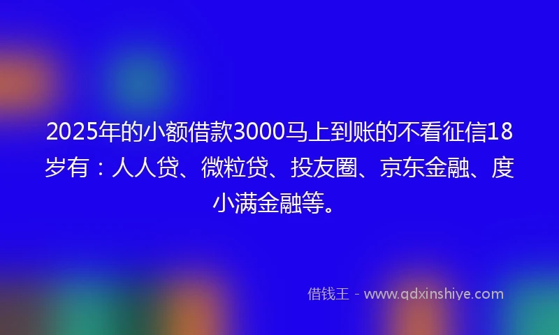 2025年的小额借款3000马上到账的不看征信18岁有：人人贷、微粒贷、投友圈、京东金融、度小满金融等。