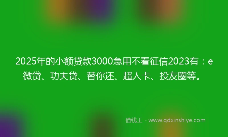 2025年的小额贷款3000急用不看征信2023有：e微贷、功夫贷、替你还、超人卡、投友圈等。