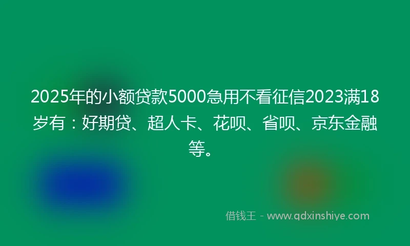 2025年的小额贷款5000急用不看征信2023满18岁有：好期贷、超人卡、花呗、省呗、京东金融等。