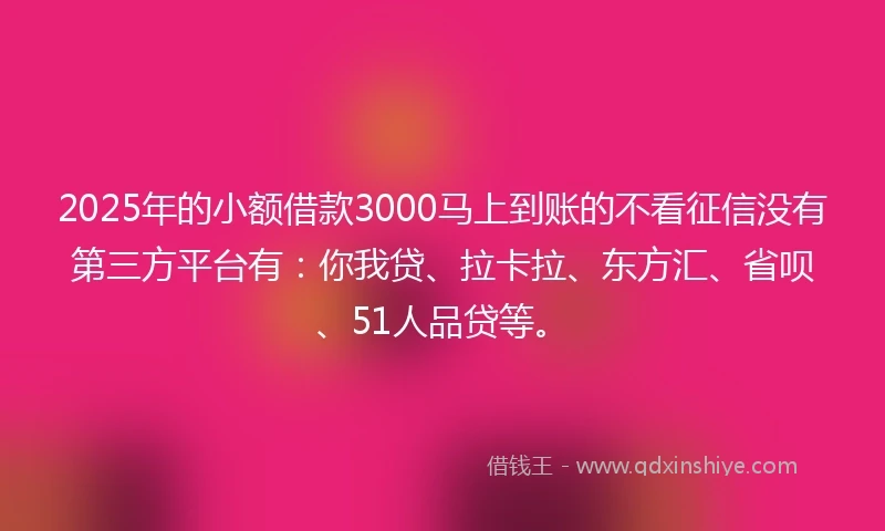 2025年的小额借款3000马上到账的不看征信没有第三方平台有：你我贷、拉卡拉、东方汇、省呗、51人品贷等。