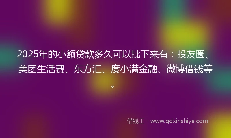2025年的小额贷款多久可以批下来有：投友圈、美团生活费、东方汇、度小满金融、微博借钱等。