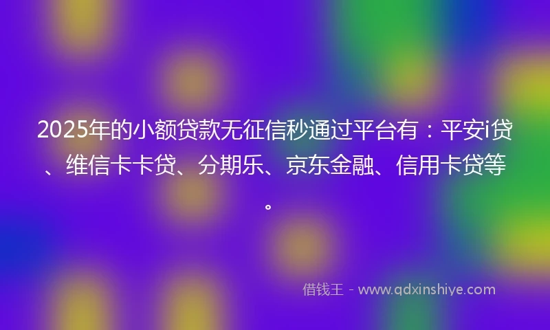 2025年的小额贷款无征信秒通过平台有：平安i贷、维信卡卡贷、分期乐、京东金融、信用卡贷等。
