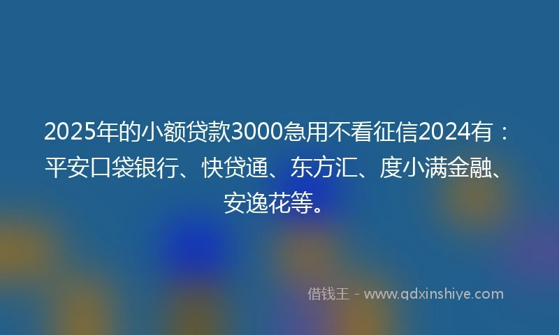 2025年的小额贷款3000急用不看征信2024有：平安口袋银行、快贷通、东方汇、度小满金融、安逸花等。
