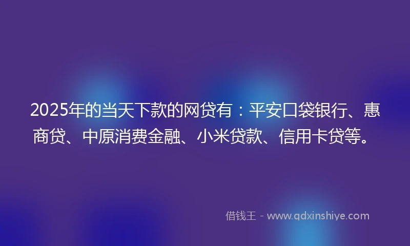 2025年的当天下款的网贷有：平安口袋银行、惠商贷、中原消费金融、小米贷款、信用卡贷等。