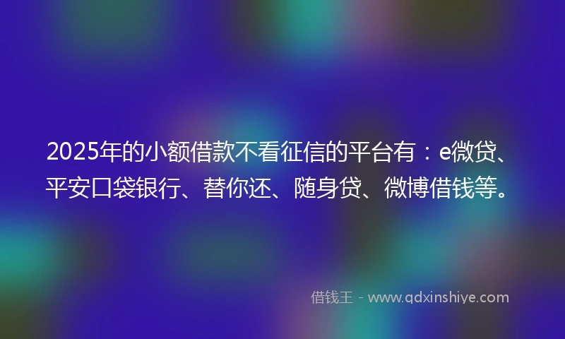 2025年的小额借款不看征信的平台有：e微贷、平安口袋银行、替你还、随身贷、微博借钱等。