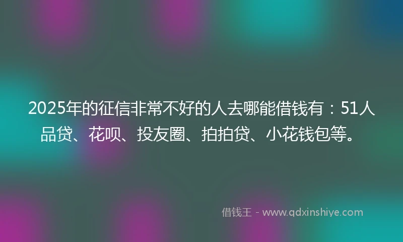 2025年的征信非常不好的人去哪能借钱有：51人品贷、花呗、投友圈、拍拍贷、小花钱包等。