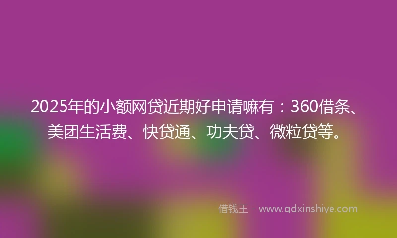 2025年的小额网贷近期好申请嘛有：360借条、美团生活费、快贷通、功夫贷、微粒贷等。