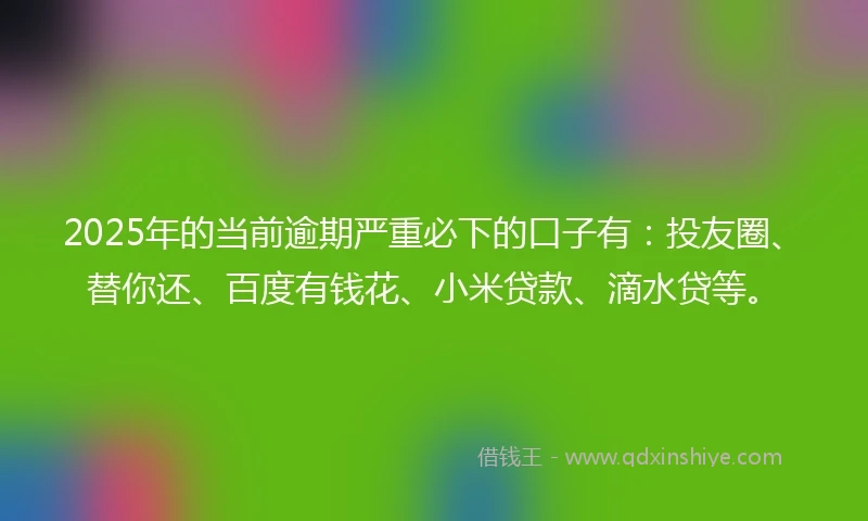 2025年的当前逾期严重必下的口子有：投友圈、替你还、百度有钱花、小米贷款、滴水贷等。