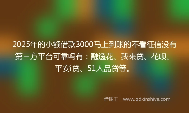 2025年的小额借款3000马上到账的不看征信没有第三方平台可靠吗有：融逸花、我来贷、花呗、平安i贷、51人品贷等。