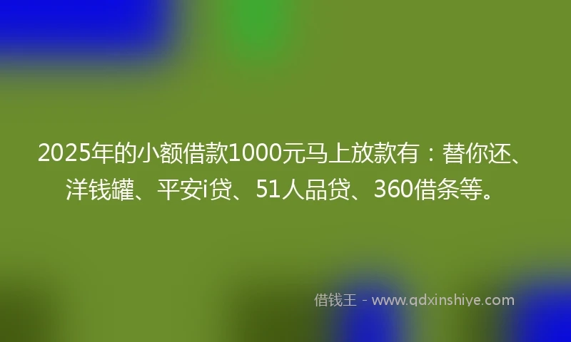 2025年的小额借款1000元马上放款有：替你还、洋钱罐、平安i贷、51人品贷、360借条等。
