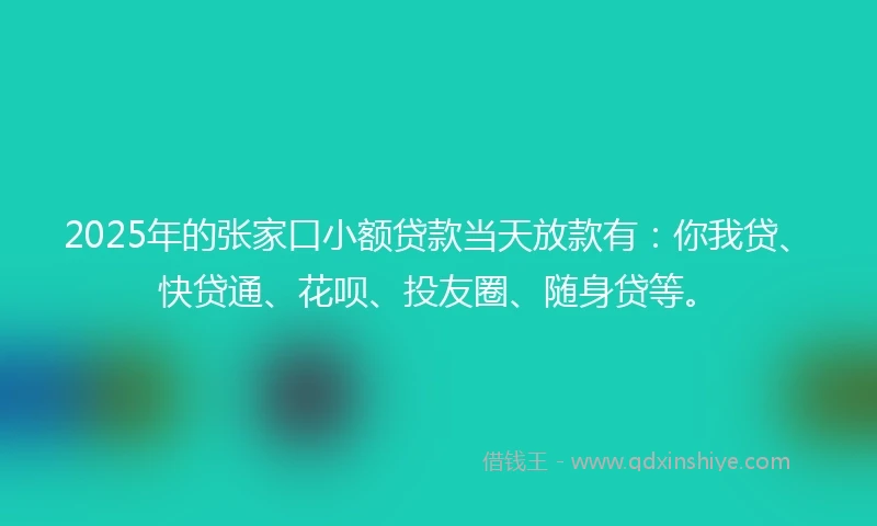 2025年的张家口小额贷款当天放款有：你我贷、快贷通、花呗、投友圈、随身贷等。