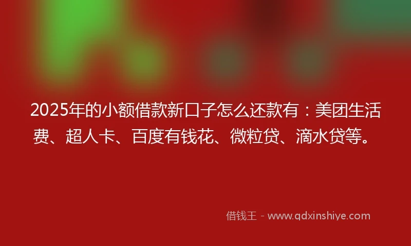 2025年的小额借款新口子怎么还款有：美团生活费、超人卡、百度有钱花、微粒贷、滴水贷等。