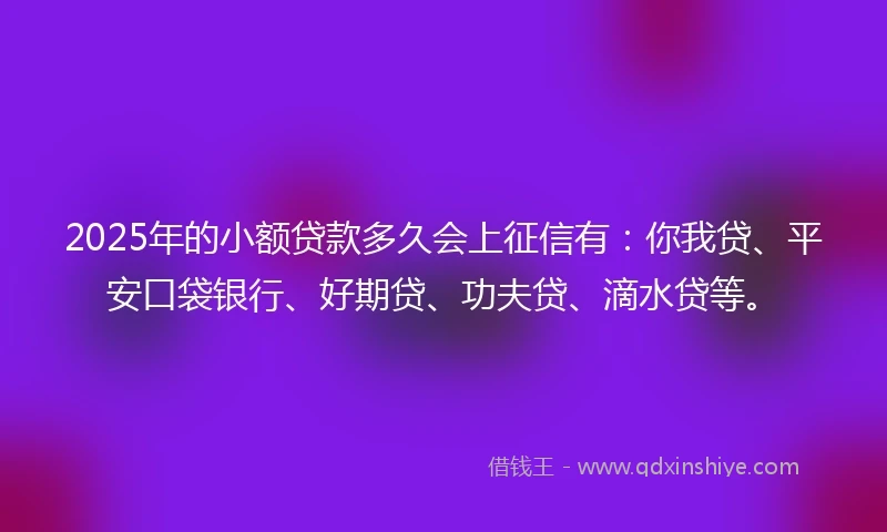 2025年的小额贷款多久会上征信有：你我贷、平安口袋银行、好期贷、功夫贷、滴水贷等。