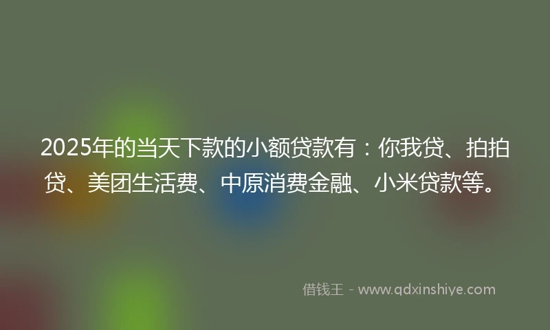 2025年的当天下款的小额贷款有：你我贷、拍拍贷、美团生活费、中原消费金融、小米贷款等。