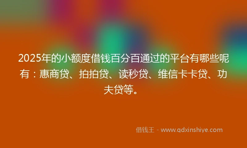 2025年的小额度借钱百分百通过的平台有哪些呢有：惠商贷、拍拍贷、读秒贷、维信卡卡贷、功夫贷等。