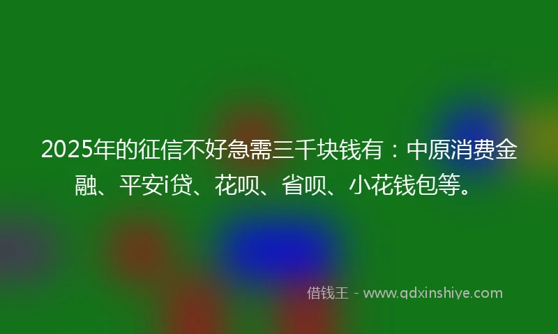 2025年的征信不好急需三千块钱有：中原消费金融、平安i贷、花呗、省呗、小花钱包等。