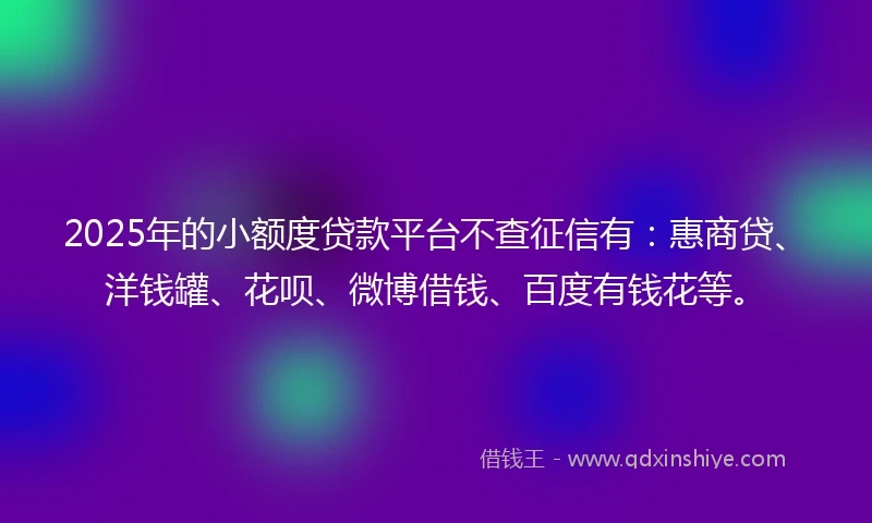 2025年的小额度贷款平台不查征信有：惠商贷、洋钱罐、花呗、微博借钱、百度有钱花等。